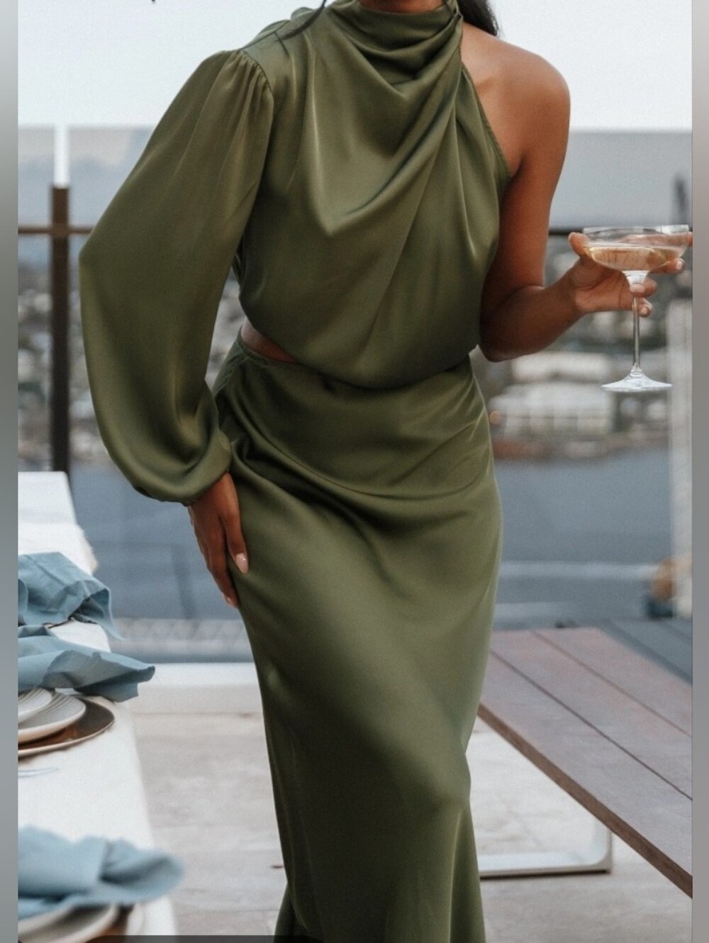 Petal & Pup One-Shoulder Olive Dress